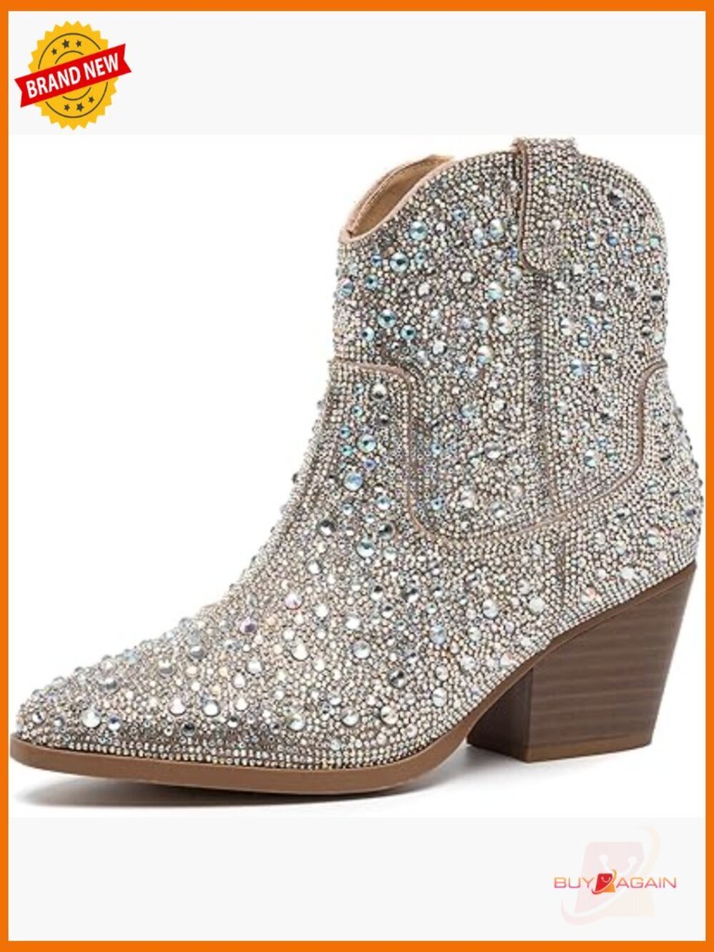 Rhinestone Sparkly Ankle Boots Pointed Toe Chunky Heel Western Pull On